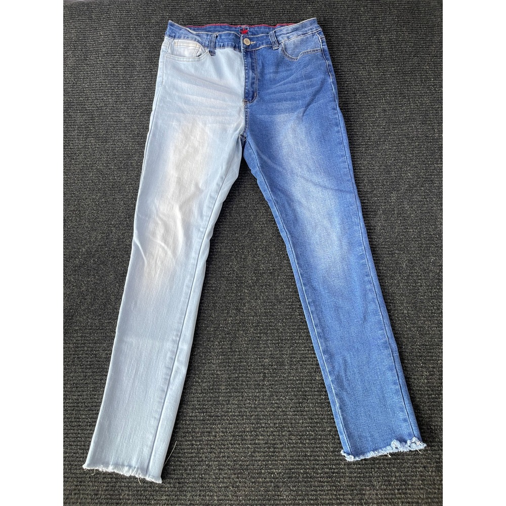Roma Brand Two Tone Split Leg Jeans High Waisted Frayed Hem Blue Denim